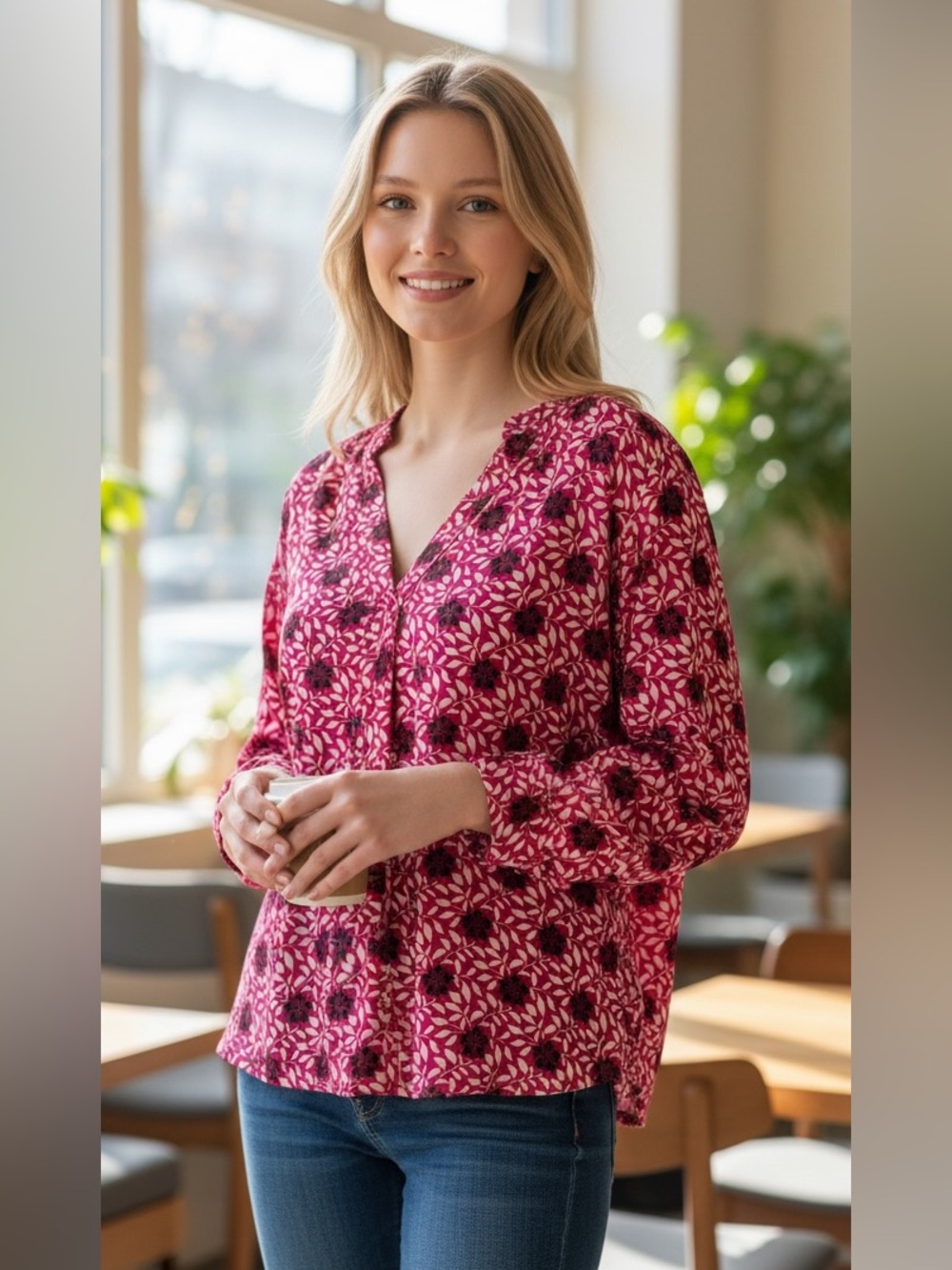 Ann Taylor Fuchsia Floral V-Neck Long Sleeve Blouse